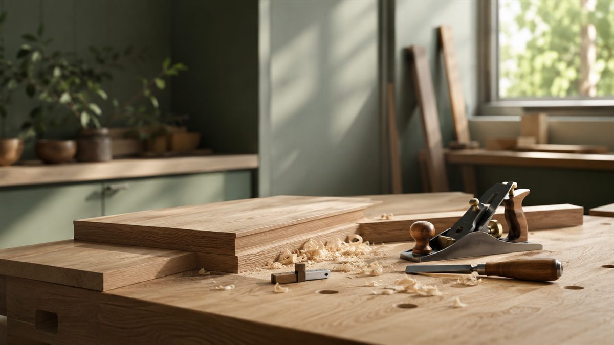 A joinery workshop with freshly planed oak and hand tools