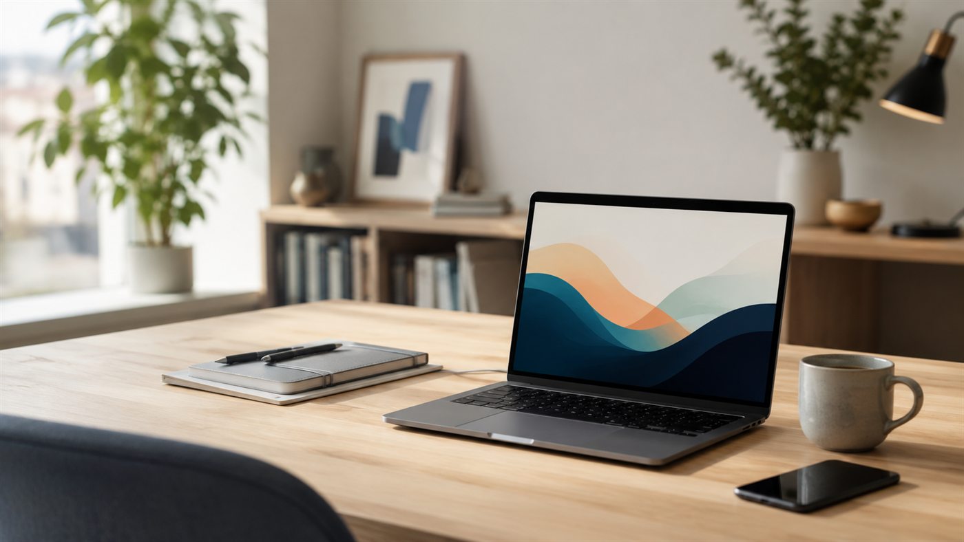 A laptop on a desk displaying a website designed and built by 77t